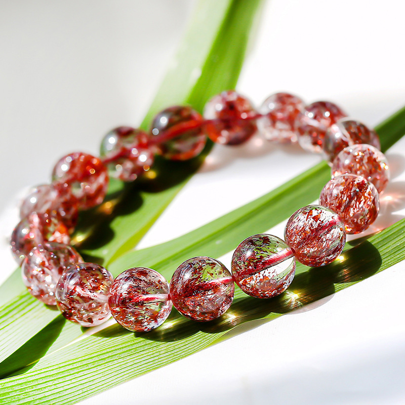 Natural Strawberry Crystal Pink Crystal Bracelet Three-round Backbone Purple Hair Crystal Bracelet Female Super Seven Shun Hair Super Seven Jewelry