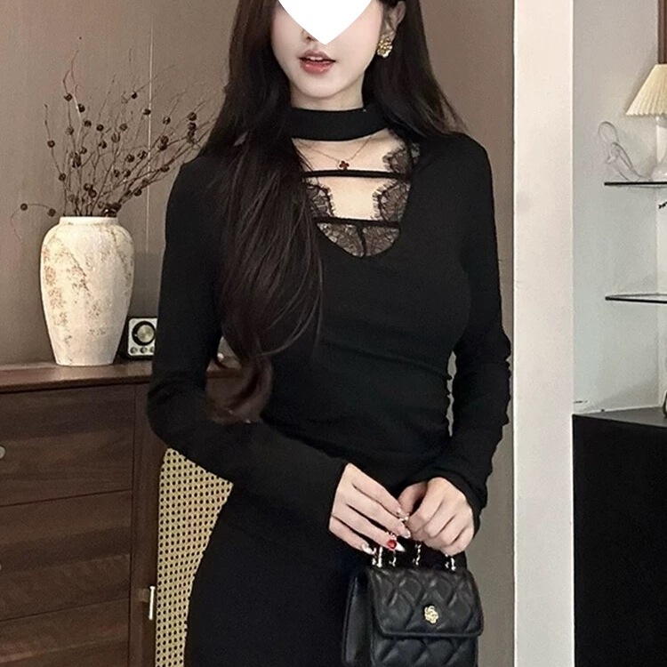Halter Neck Threaded Long-Sleeved Slim Short Top T-Shirt Lace Women's Velvet 270 Autumn and Winter V Neck Splicing Black
