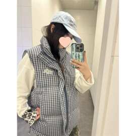 美式格子无袖羽绒棉服马甲女秋冬2025年新款叠穿宽松马夹背心外套