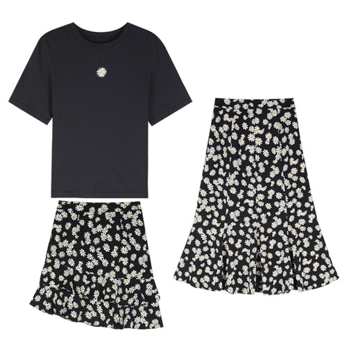 Women's Spring Short Sleeve Top Set with Daisies Half-Sleeve T-shirt and Asymmetrical A-line Skirt, Elegant Outfit