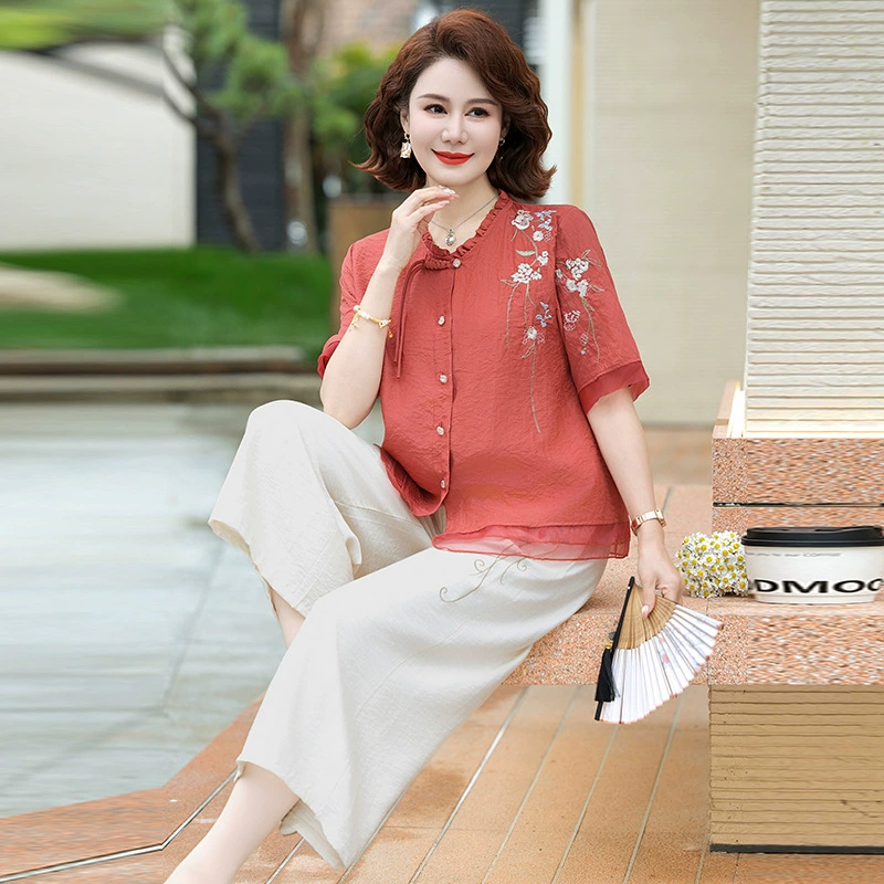 2025 Летний ледяной шелковый хлопок новый большой размер новый китайский стиль с короткими рукавами вышивка повседневная мама набор из двух частей