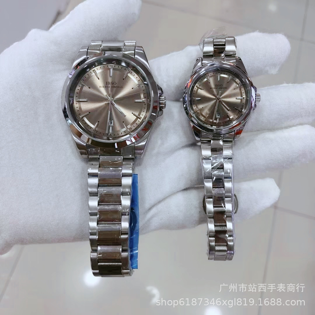 Guangzhou Ibso Watch Manufacturer New High-End Gray Women's Watch Steel Belt Calendar Strip Scale Couple Watch Men's Watch