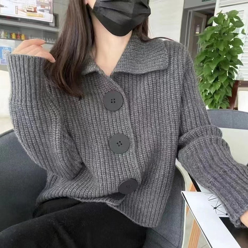 Korean Laid-back Style Cardigan for Women, 2025 Autumn/Winter Loose Youthful Collar Knit Cardigan with Large Buttons