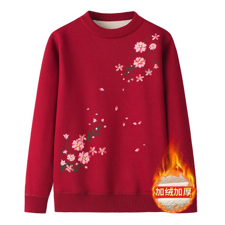 妈妈装毛衣秋冬打底衫中老年女上衣加绒加厚保暖一体绒针织衫圆领