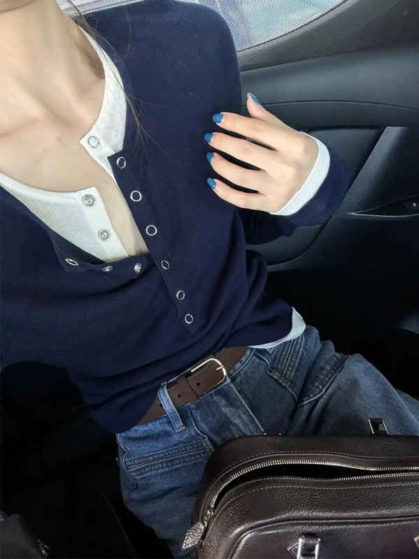 【ASLE】羊毛天丝假两件上衣女亨利领长袖T恤外穿秋针织衫打底衫|undefined