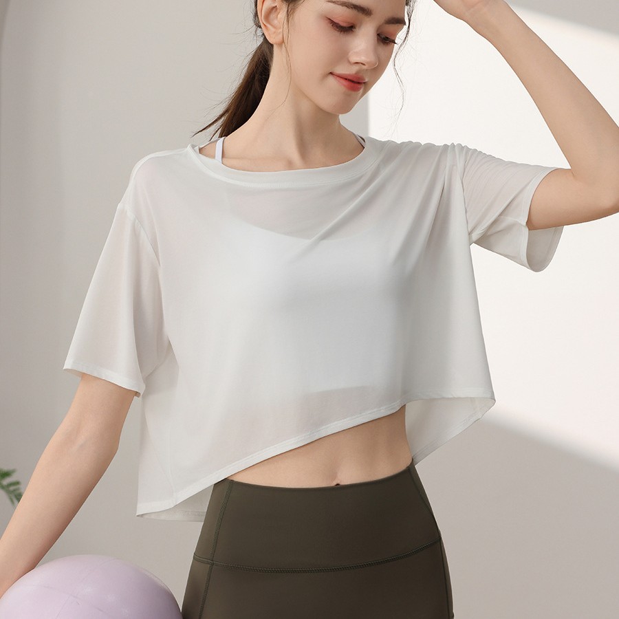 Tencel Loose Sports Short-sleeved Blouse Women's Short Sunscreen Fitness Top Running Yoga Clothes Outer T-shirt Summer
