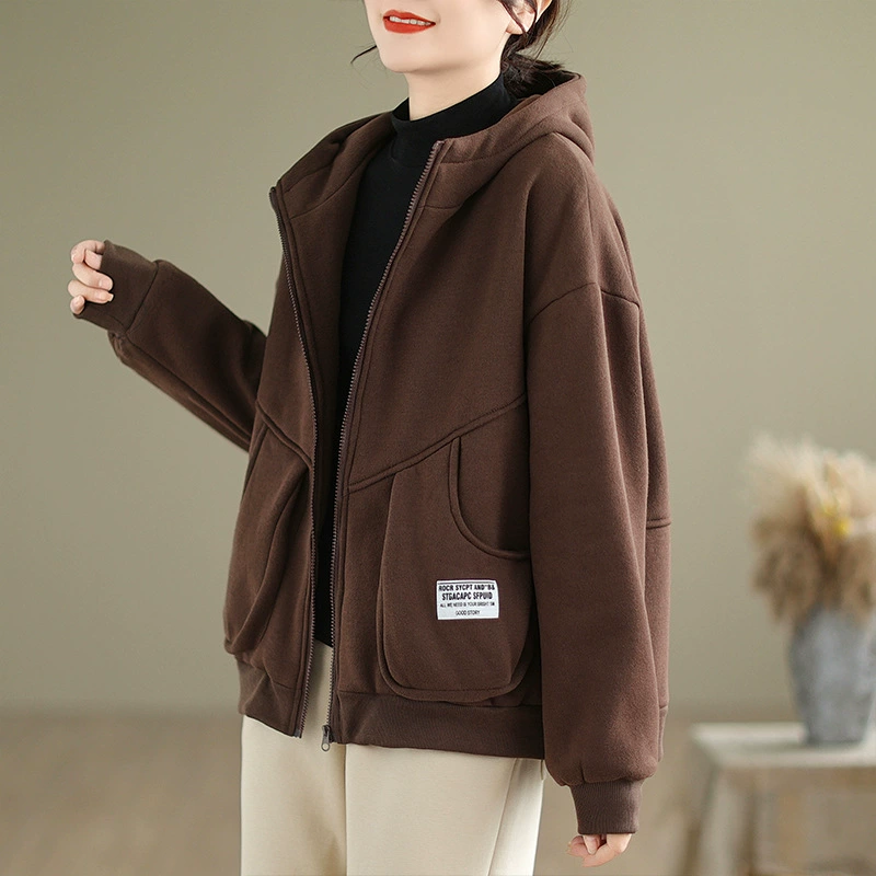 Winter warm retro hoody, colored patch, sweatshirt with zipper