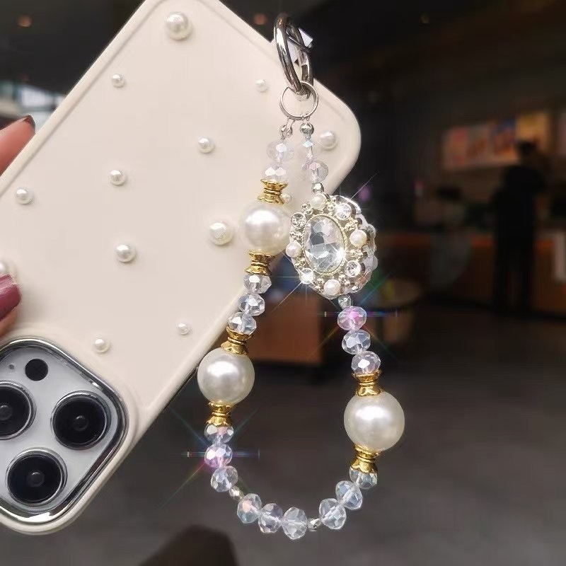 Estilo clásico, gran joya, perla, cristal, cadena de teléfono móvil con cuentas, cadena de colgante corta hecha a mano con incrustaciones de diamantes de lujo para mujer