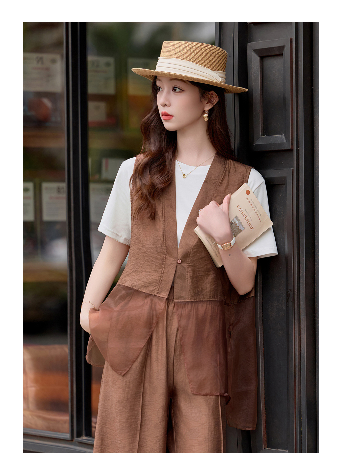 Bộ quần áo nữ V-neck vest kết hợp quần ống rộng hai mảnh mùa hè 2026 — màu đen, màu cà phê chi tiết 19