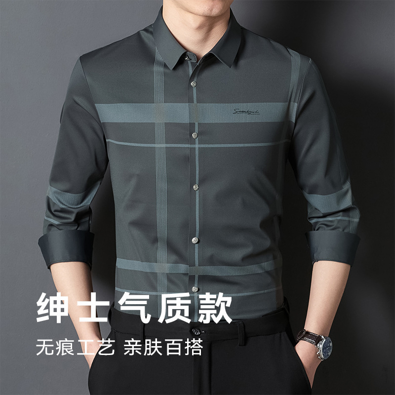 Seamless Men's Shirt Spring High Elastic Long-sleeved Shirt Non-ironing Casual Business Shirt High-end Light Luxury Men's Clothing