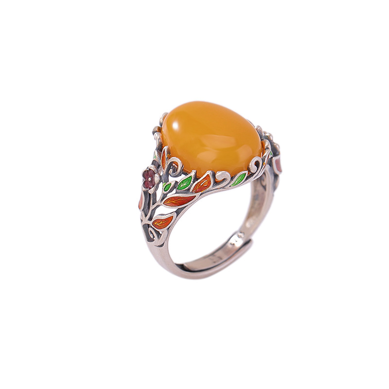 Nhẫn bạc S925 phong cách retro họa tiết men lá mặt trứng, khí chất hoang dã — Bạc 925