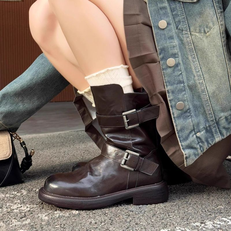 双扣粗跟厚底机车短靴女2025秋冬新款侧拉链英伦风西部瘦瘦靴短靴|undefined