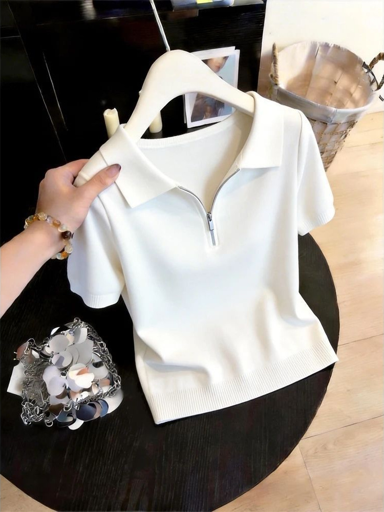 Áo thun polo nữ thiết kế dây kéo phong cách trẻ trung — trắng