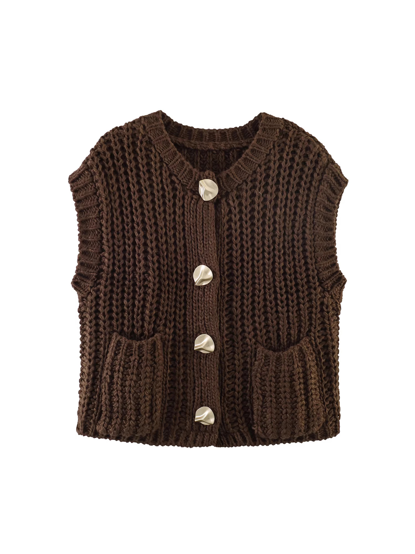 spring retro solid knitted vest sleevless with a round collar