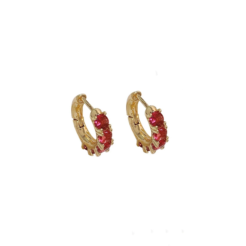 Earrings W683, zirconium stones, green or red, gold‑tone light‑luxury hoop design