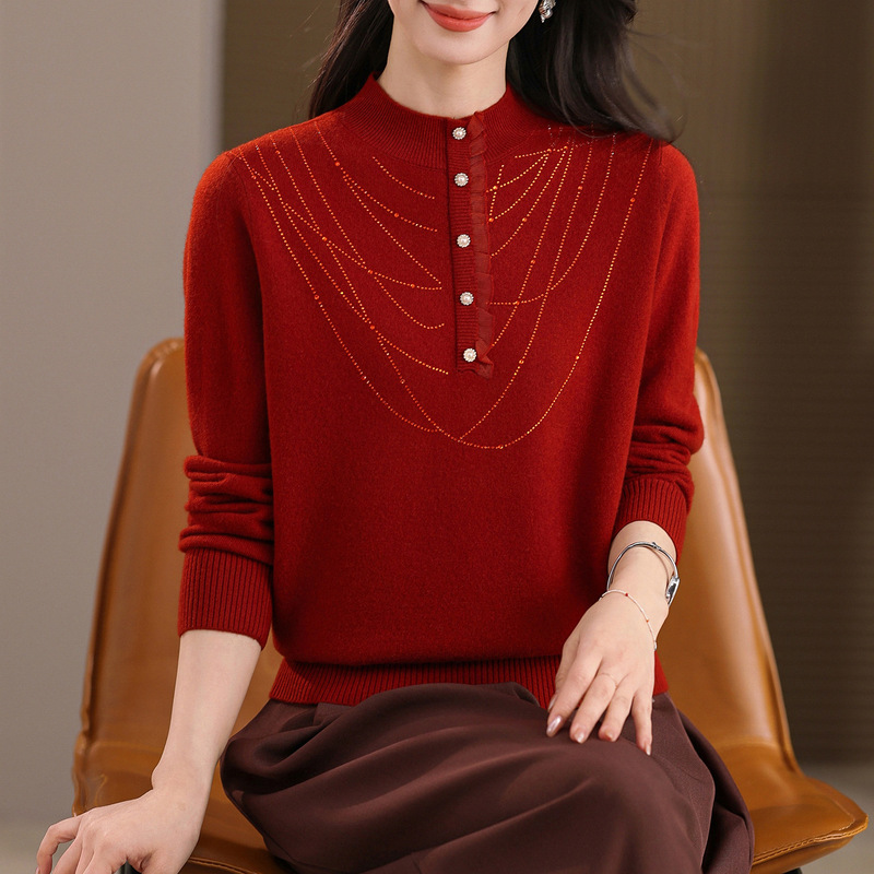 Elegant Mom-Style 100% Pure Wool Sweater for Women, Patchwork Half-Turtleneck Warm Sweater, Inner Layer Knit Top