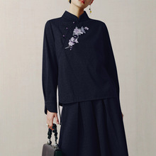 新中式立领A字弹力牛仔上衣女装2025秋季中国风盘扣刺绣复古外套