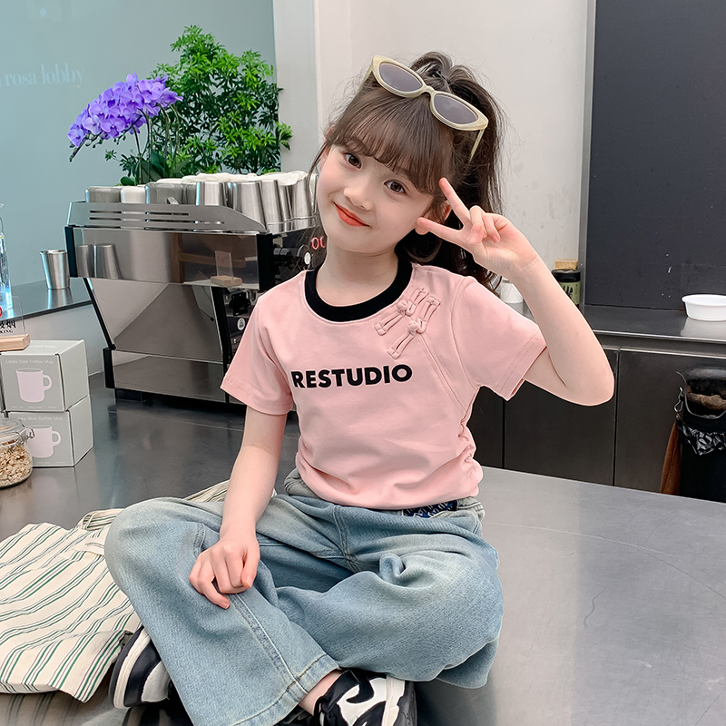 女童短袖T恤夏裝2024新款國風女孩夏款盤扣半袖兒童夏季體恤上衣