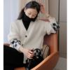 Western style bursting!Hairy Texture Sense of design Chessboard grid Color matching Easy wool knitting Cardigan sweater