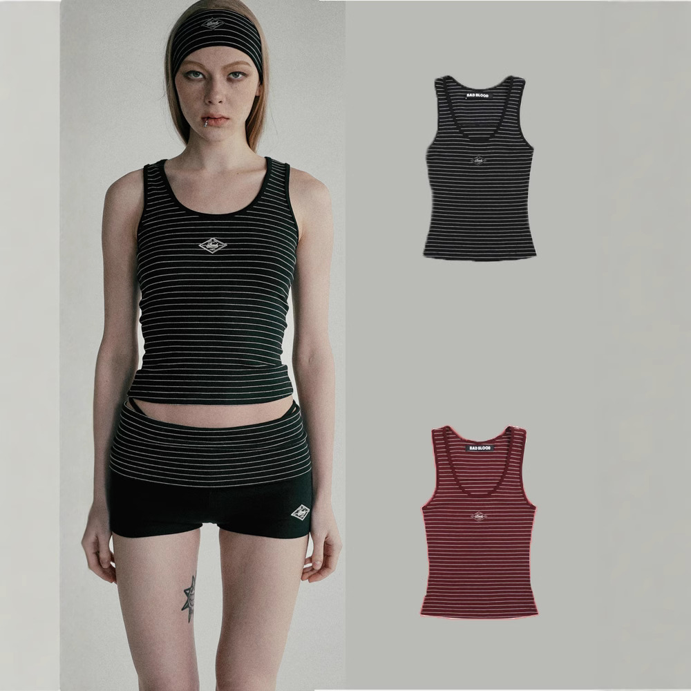 Badblood Korean-style soft U-neck striped vest, strapless short slim-fit casual sports top for base layer