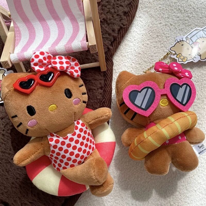 Swimming ring Hawaiian kitty black leather bag plush pendant doll key chain cute pendant