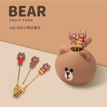 410不锈布朗熊卡通耐摔水果叉韩版环保硅胶长手柄套装萌趣水果捞
