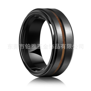 Cross-Border European and American Men's Electroplated Black 8mm Inlaid Wine Barrel Wooden Groove Step Side Pull Horizontal Sand Tungsten Steel Ring Batch