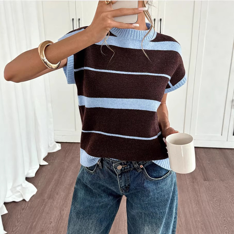 New Korean-Style Striped Cross-Border Knitted Sweater, Retro Knitted Sweater, Round-Neck Vest Sweater, Pullover