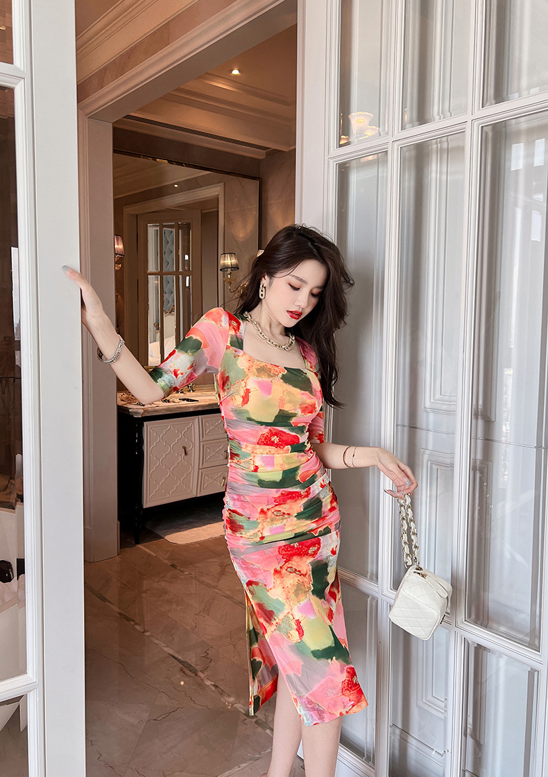 Váy dài ôm hông cổ vuông in họa tiết hoa phong cách Pháp — Màu hoa chi tiết 19