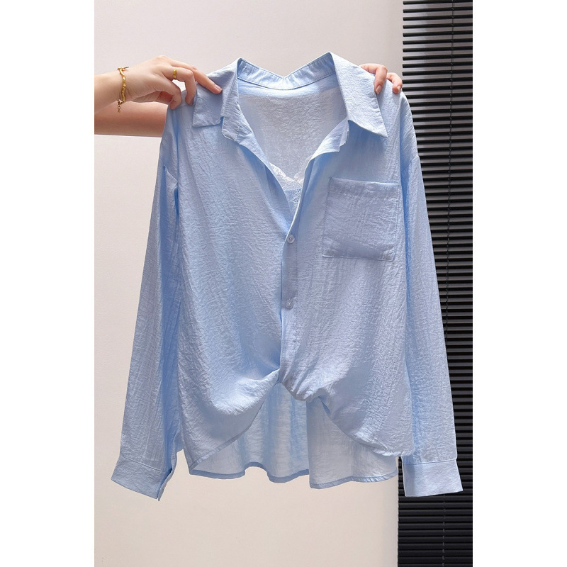French-Style Blue Lace Patchwork Sun-Protective Shirt for Women, Loose-Fitting Lazy Style Cardigan, Lightweight Summer Shirt Jacket