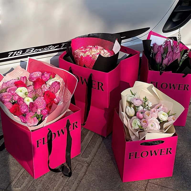 芭比粉FLOWER花束包装袋橙玫红色鲜花手提袋网红小红书新款礼品袋