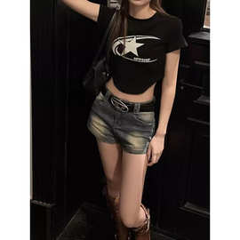美式复古高街牛仔超短裤夏季辣妹紧身弹力热裤做旧高腰显瘦a字裤