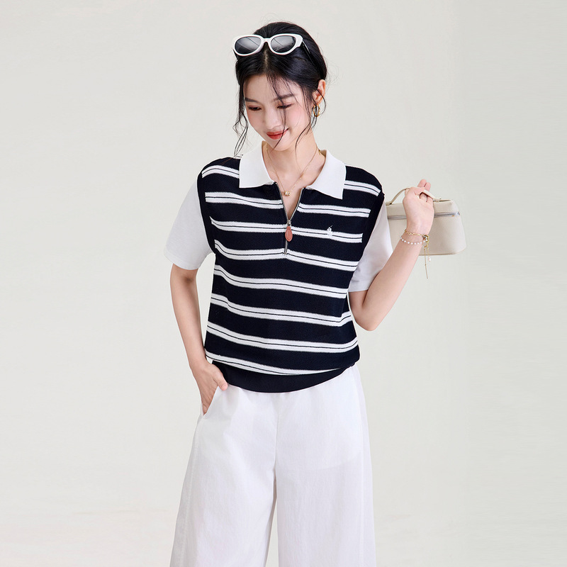 2611610-18 Needle Three-Dimensional Pineapple Mesh Ultra-Fine Lenzing Tencel Striped Color-Blocking Faux Two-Piece Knit Sweater for Women Summer 2611610-18 Needle Three-Dimensional Pineapple Mesh Ultra-Fine Lenzing Tencel Striped Color-Blocking Faux Two-Piece Knit Sweater for Women Summer