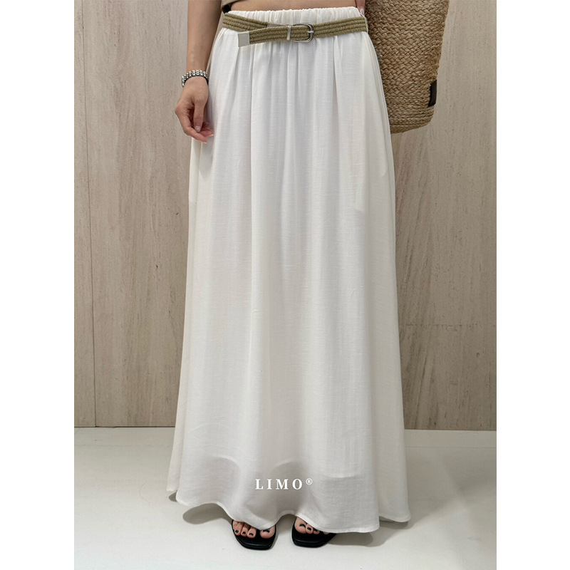 Limo Lazy Vacation Style Versatile Hip-Covering Slimming Elastic Waist Large Hem Skirt with Belt Thin Rayon Skirt