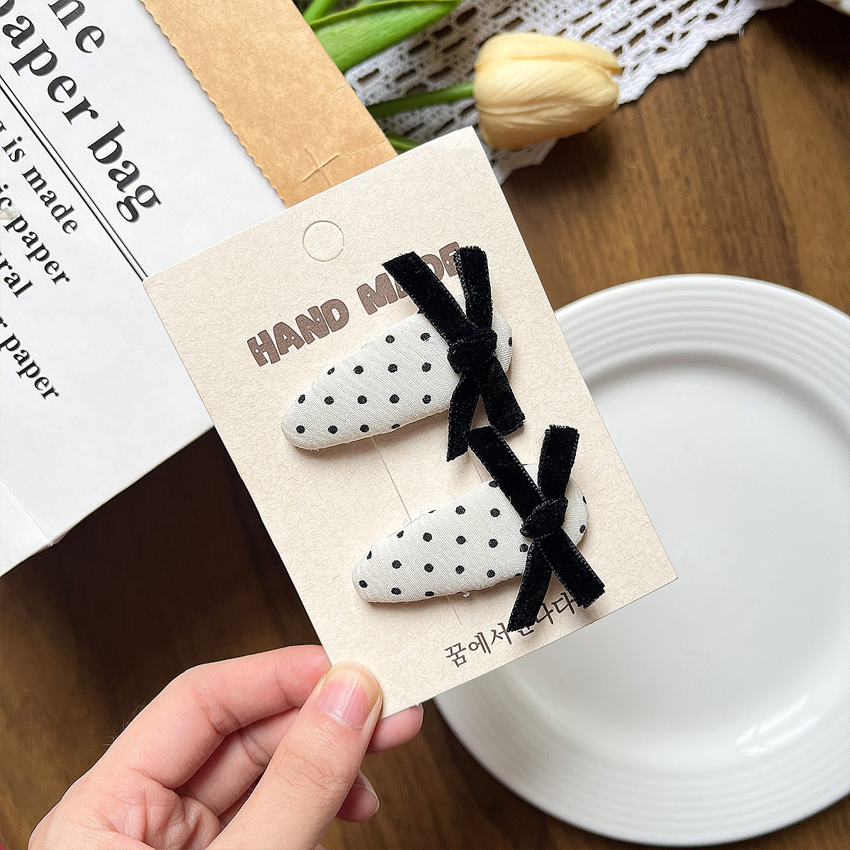 Black Wave Dot Bow Hairpin