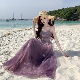 围感梦幻温柔紫渐变网纱立体蝴蝶重工吊带裙