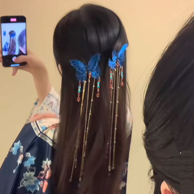 刺繍蝶｜新中国風エスニック風古代風絶妙な青い蝶ロングタッセル古典的な気質のヘアピンヘアアクセサリー|undefined