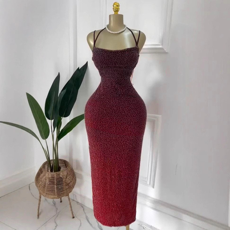 Gradient Color Suspender Sexy Backless Thin Beaded Dress Summer Pure Lust Hot Girl High-End Long Skirt for Women