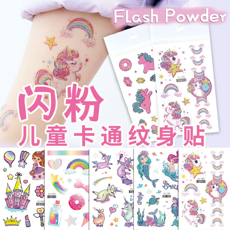 Children's Cartoon Tattoo Stickers Glitter Eco-friendly Cute Unicorn Mermaid Dinosaur Stickers Cross-border Supply
