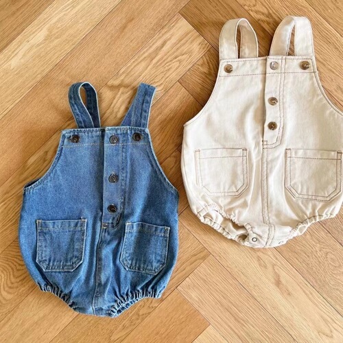 Korean style spring and autumn baby denim overalls with farts, men's and women's baby splicing pocket casual jumpsuits