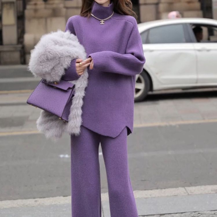 Purple Turtleneck Knitted Casual Sports Suit for Women Autumn and Winter New Thickened Loose Sweater Wide-Leg Pants Two-Piece Trendy Set