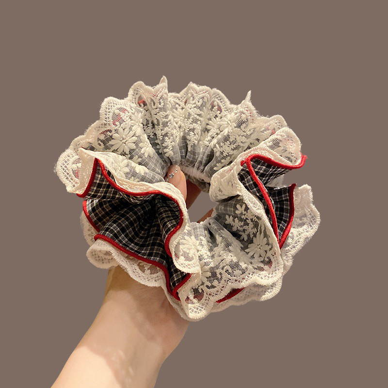 格纹蕾丝碎花四层花边大肠发圈女气质清新头花扎丸子头发绳头饰品|undefined
