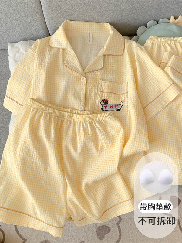 Dachshund Dog Cotton Gauze Pajamas with Breast Pads for Women 2026 New Spring, Autumn and Summer Short-Sleeved Home Clothes Three-Piece Set Dachshund Dog Cotton Gauze Pajamas with Breast Pads for Women 2026 New Spring, Autumn and Summer Short-Sleeved Home Clothes Three-Piece Set
