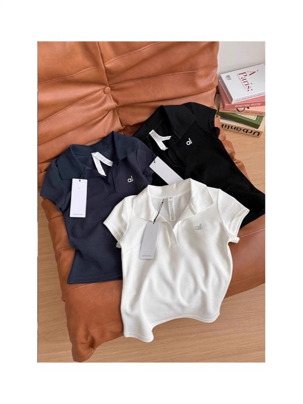 alo クラスアメリカンフリップポロカラー半袖 Tシャツレディーススリムフィットヨガスポーツカジュアルショートトップ|undefined
