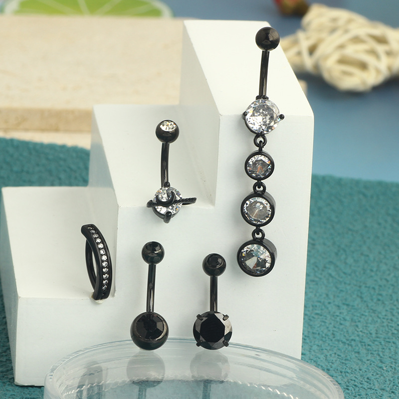5-Piece Black Amazon Stainless Steel Zircon Diamond-Embedded Dragon Claw Navel Ring Set detail image 7