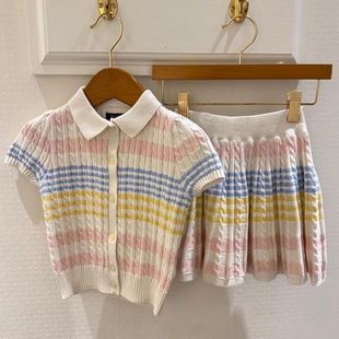 Girls' Colorfulful Knitted Suit New Style Summer Sweet Colorfulful Stripesd Knitted Top and Skirt Two-Piece Set