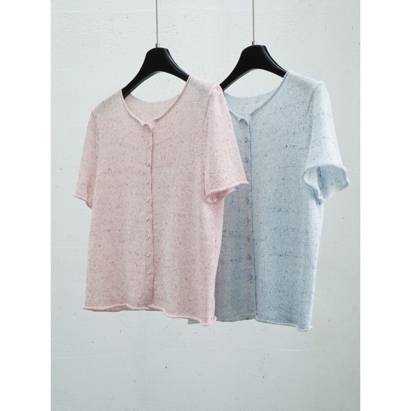 Korean High-Quality Washi Yarn Combed Cotton Knit Short-Sleeve Cardigan Basic Style Vintage Rolled-Edge Design Pink Top