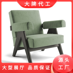 ヴィンテージ無垢材シングルソファチェア、チャンディーガル侘び寂びスタイル家具、レジャーダブルアート布張りアームチェア
