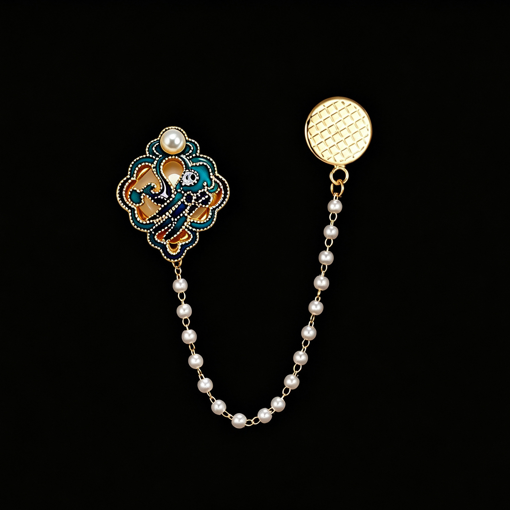 New Chinese-style enamel phoenix brooch, vintage pearl chain pin, Hanfu and cheongsam accessory, anti-slip clasp