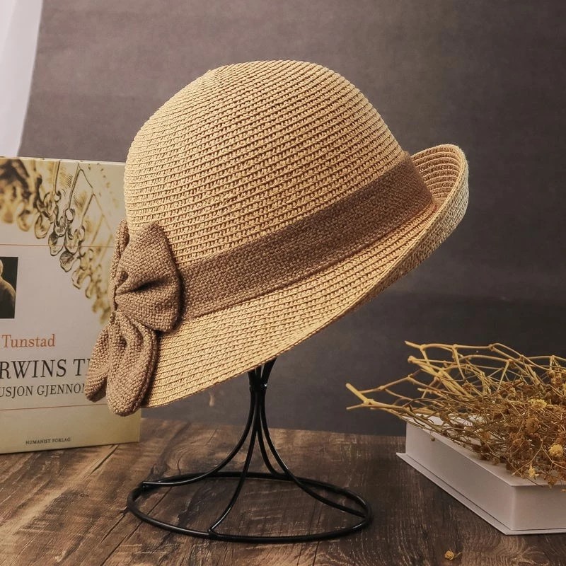 1458g Weight Bucket Hat Hats Type Casual, Outdoor, Beach Occasion Straw Material Bow Knot Pattern Summer Season Women's Gender Simple Style, Classic Style Style Curved Eaves Rim Women's Simple Style Classic Style Bow Knot Curved Eaves Bucket Hat 2